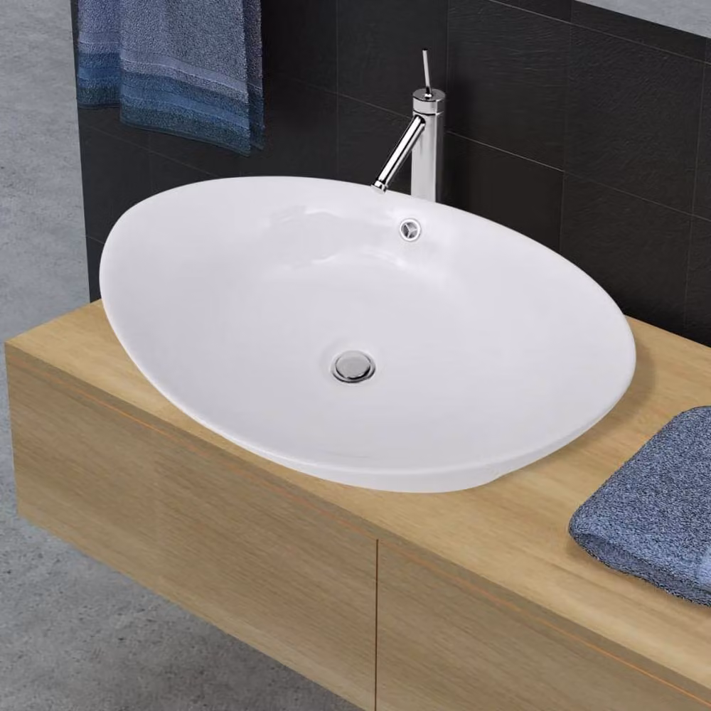 Berkfield Home Luxury Oval Ceramic Countertop Basin with Overflow, White, W: 59 cm, D: 38.5 cm, H: 19 cm – 2