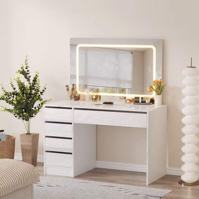 WestWood Modern White Glossy Dressing Table with LED Mirror and 5 Drawers, Width: 120 cm