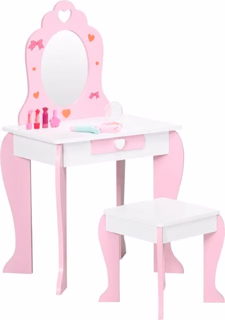 ZONEKIZ Pink Kids Vanity Set with Dressing Table, Mirror, Stool and Drawer for Children Aged 3-6 Years