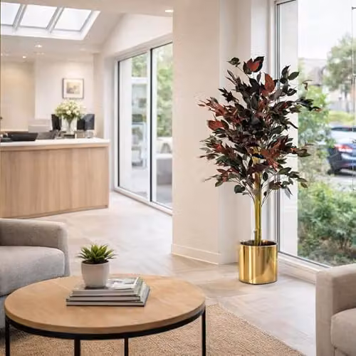 Leaf Design UK Artificial Ficus Tree in Gold Planter, Red, Green and Yellow, Height: 120 cm – 2
