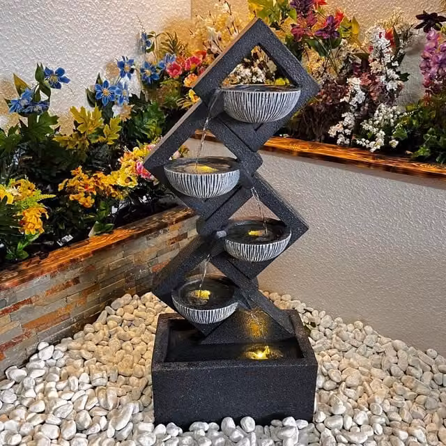 Tranquility Diamond Pouring Bowls Contemporary Solar Water Feature in Grey