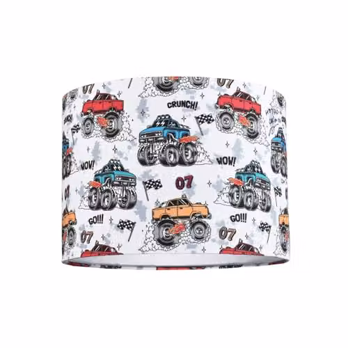 Happy Homewares Modern Multicolour Monster Trucks Childrens Fabric Round Drum Lamp Shade, Diameter: 25 cm – 1