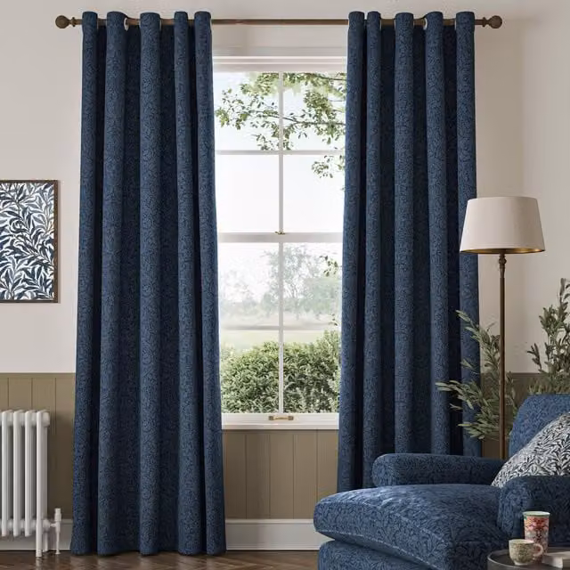 William Morris Acorn Midnight Blue Floral Velvet Made To Measure Eyelet Curtains