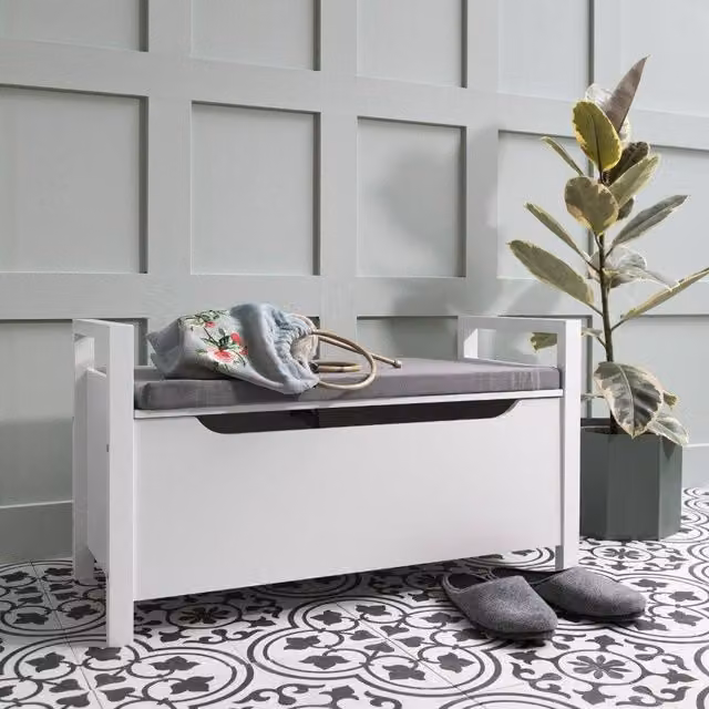 Nöa and Nani Olsen Modern Storage Bench with Fabric Cushion in White and Grey