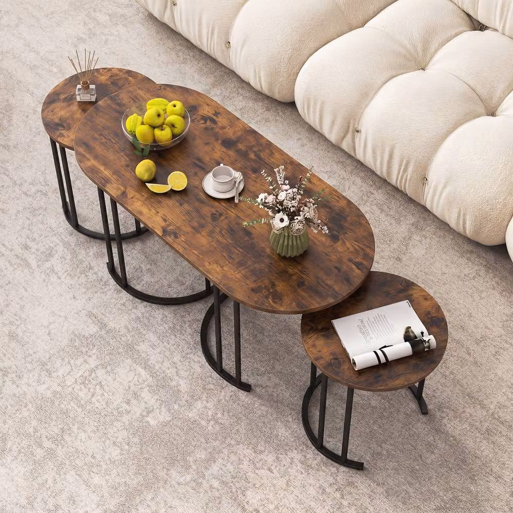 Costway 3-Piece Nesting Coffee Table Set in Brown with Oval Wood and Metal Tops – 3