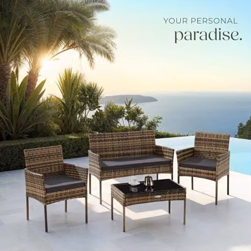 tectake 4-Seater Rattan Garden Furniture Set with 2-Seater Sofa, 2 Lounge Armchairs, Coffee Table and Upholstered Cushions in Grey and Brown – 8