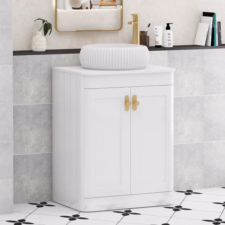 Royal Bathrooms Henley 600mm Gloss White Floor Standing 2 Door Vanity Unit with Milan Basin and Brushed Brass Knob
