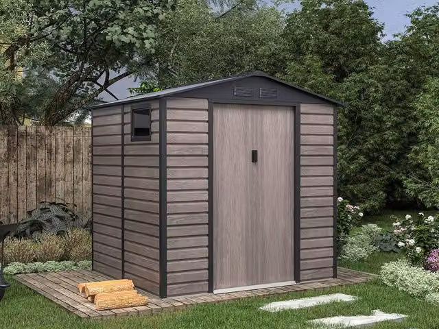 Vente-unique Metal Garden Shed in Grey Wood Effect Galvanised Steel with Double Doors and Window, 4.15 m2