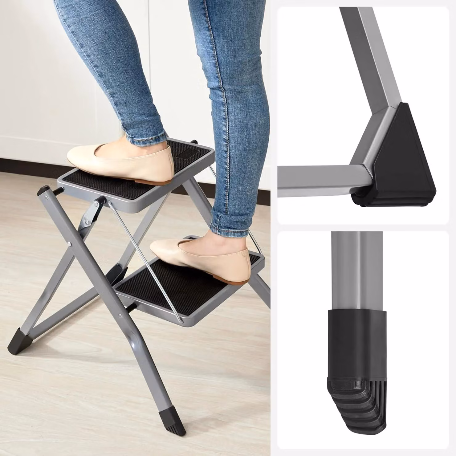 SONGMICS Heavy Duty 2-Step Folding Steel Step Ladder in Grey with Handle and Rubber Feet – 4