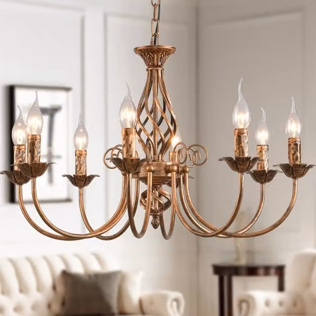 Garwarm 8-Light French Country Chandelier in Bronze Metal and Brown with Transparent Glass Shades