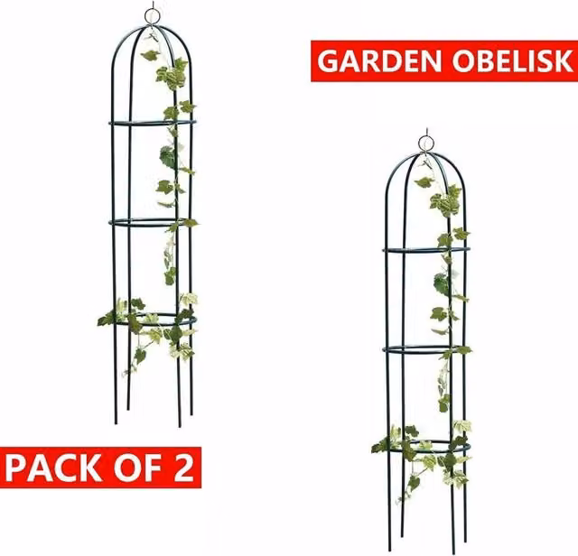 Kelvenix Set of 2 Green Metal Garden Obelisks for Climbing Plants, Height: 190 cm