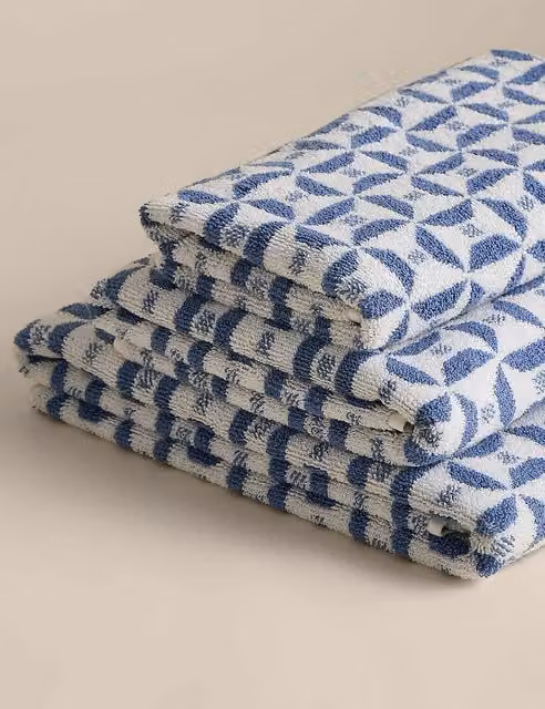 M&S Pure Cotton Geometric Tile Towel in Denim Blue