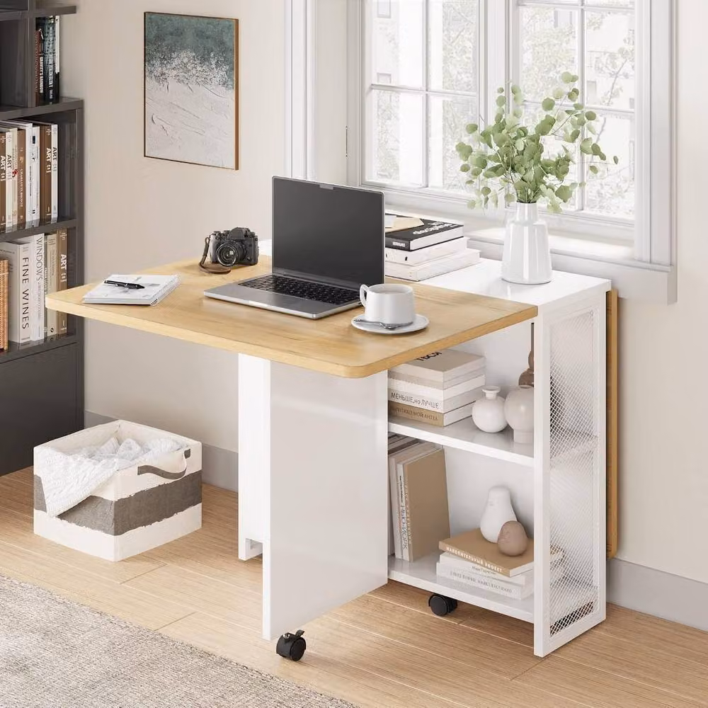 London Boutique Mobile Drop Leaf Dining Table with Shelves in White – 3
