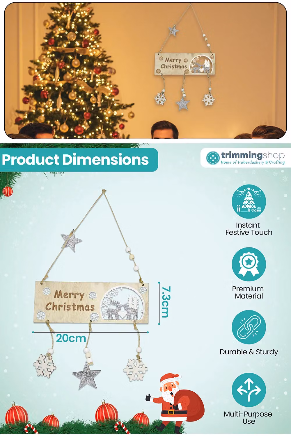 Neel Blue Wooden Merry Christmas Hanging Sign with Reindeer Design, W/D/H: 20 x 17 x 2 cm – 2