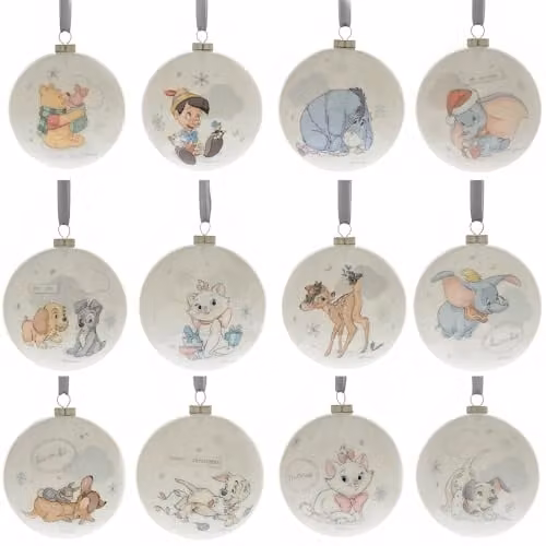 Widdop and Co Disney Magical Beginnings Set of 12 Round Glass Animal Christmas Baubles in White and Silver