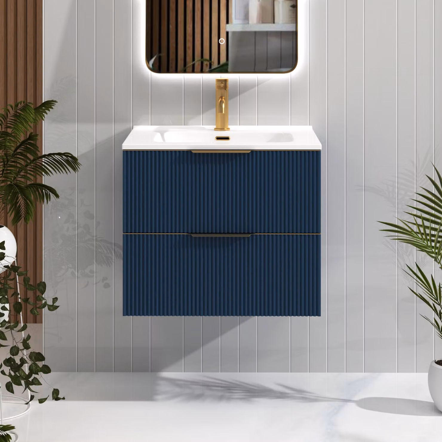 Royal Bathrooms Evora 600mm Midnight Blue Fluted Wall Hung Vanity Unit with Ceramic Basin and Brushed Brass Handles