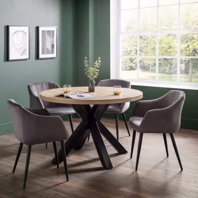 Julian Bowen Berwick Round Oak Dining Table and 4 Hobart X-Frame Chairs Set in Grey and Black