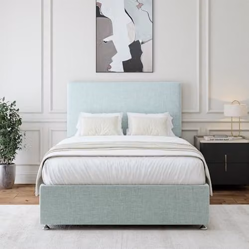 Bedmaster Linen Divan Bed Base with Storage Drawers and Plain Headboard, Duck Egg Blue, W/D/H: 180 x 200 x 45 cm
