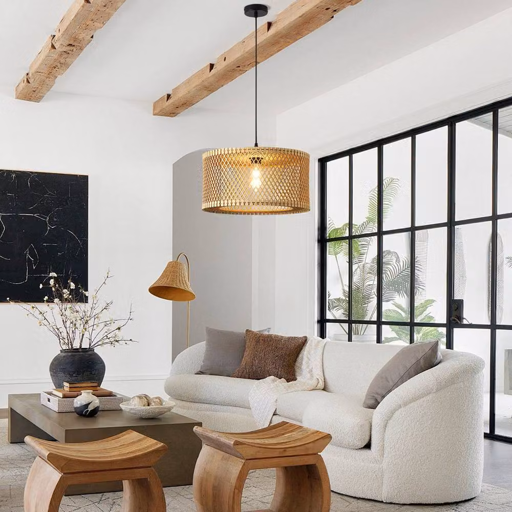 Garwarm Natural Wood Caged Pendant Light, Boho Farmhouse Style, Sand and Brown, E27, Dimmable and Adjustable – 2