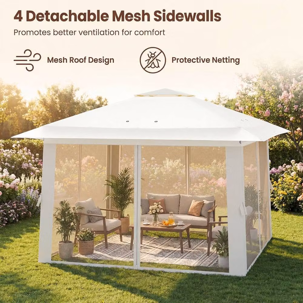 Costway Pop Up Gazebo Foldable Canopy Tent with Mesh Netting and Double Roof in Beige – 3