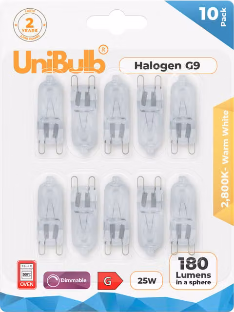UniBulb G9 Halogen Capsule 25W 180lm Warm White Transparent Glass