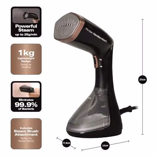 Hamilton Beach Handheld ProCare Garment Steamer with Brush Attachment, Black and Bronze, 1500W – 2