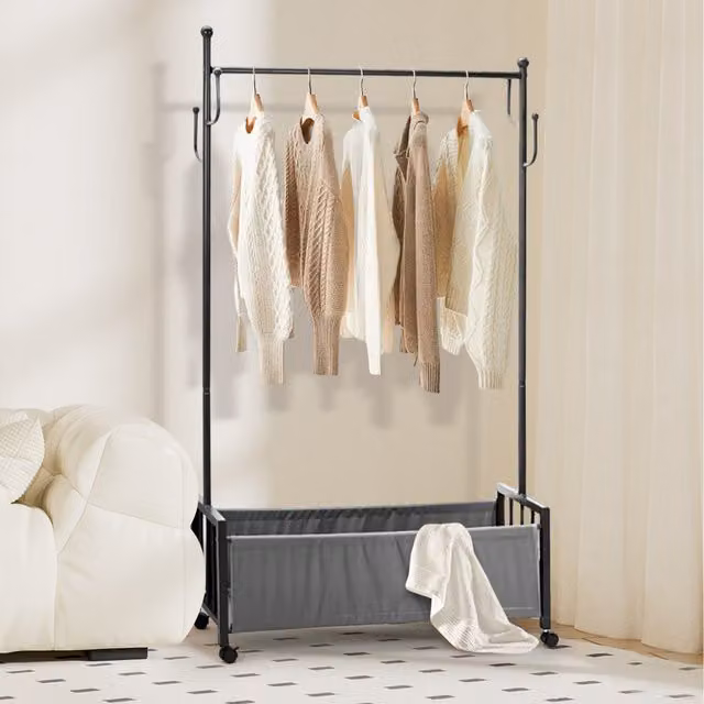 Komore Modern Matt Black Metal Mobile Clothes Rail with Continuous Linear Rail
