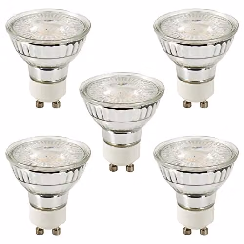 BHS Lighting 5 Pack of 5W Dimmable Warm White GU10 LED Light Bulbs in Transparent White