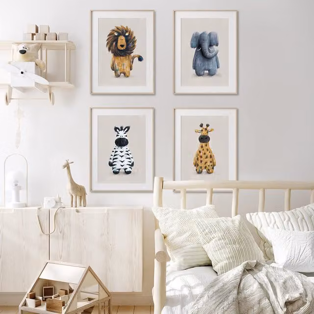 Tigercub Prints Safari Friends Set of 4 Blue Scandinavian Nursery Wall Prints, W: 14.8 cm, H: 14.8 cm