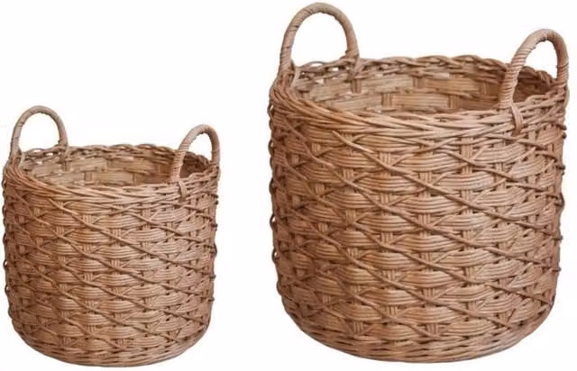 Lemon Pavilion Brown Woven Round Rattan Log Baskets with Handles, Set of 2 – 1