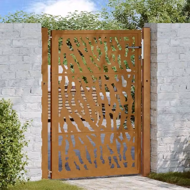 Berkfield Home Garden Gate in Brown Weathering Steel with Trace Design, W: 105 cm, H: 130 cm