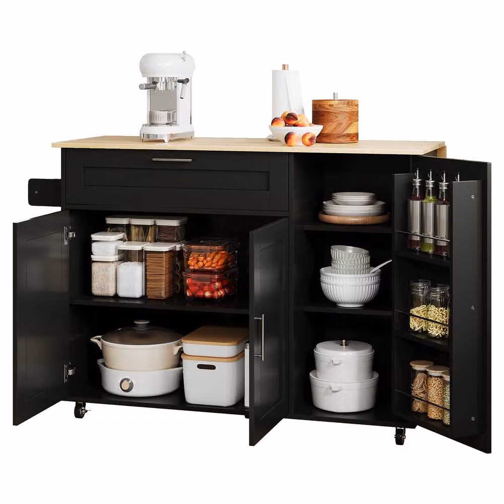 Merax Black Kitchen Island Trolley with Foldable Worktop and Rolling Metal and Wood Design – 8