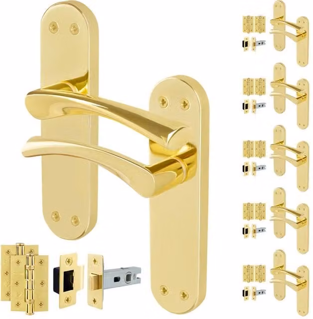 AFIT Polished Brass Twist Door Handle Latch and Hinge Set in Gold, 6 Pairs