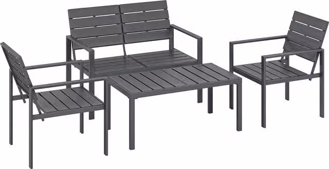 Outsunny 4 Piece Garden Furniture Set in Dark Grey with HDPE Slatted Loveseat, Armchairs, Coffee Table and Cushions – 1