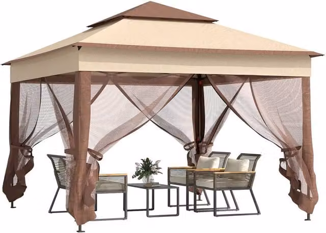 Rolipo Pop Up Gazebo Double Roof with Netting, Beige, W: 300 cm, D: 300 cm, H: 270 cm – 1