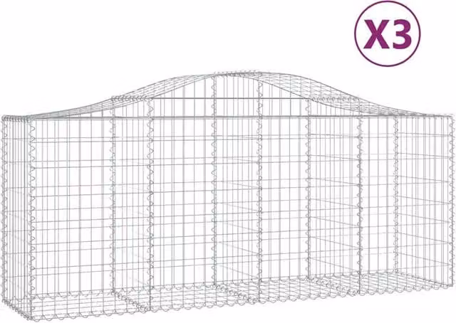 Berkfield Home Arched Gabion Baskets, 3 Piece Set in Silver Galvanised Steel, W: 200 cm, D: 50 cm, H: 80-100 cm