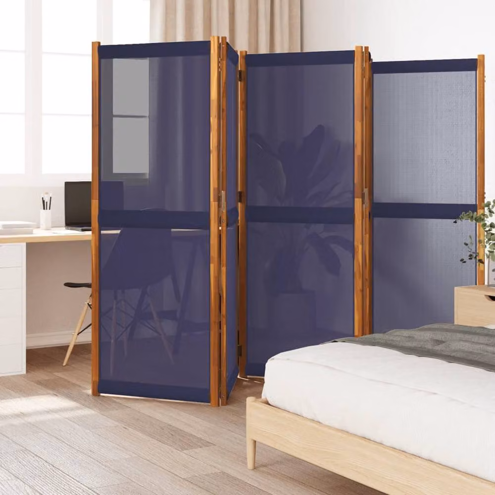 Berkfield Home Beautiful 5-Panel Room Divider in Navy Blue Acacia Wood and Textilene, W: 350 cm, H: 180 cm – 2