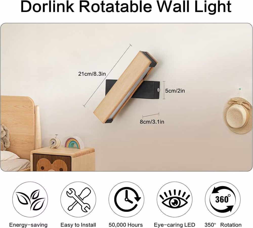 Goeco LED Indoor Wall Light, 5W, Adjustable Rotatable Wooden Bedroom Lamp, Warm White 3000K, Black – 2