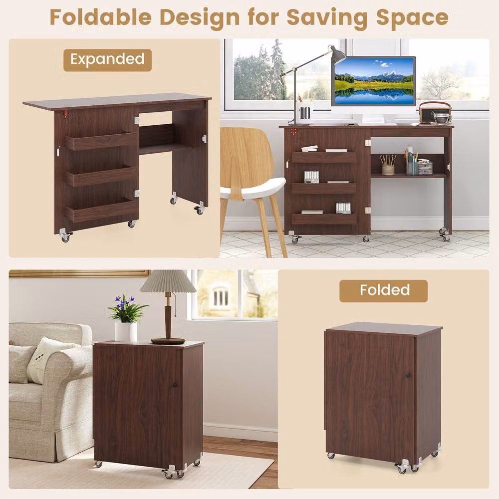 Gymax Folding Rolling Sewing Machine Desk and Craft Station with Storage Shelf in Brown – 6