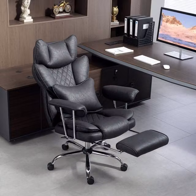 HOMCOM Reclining Executive Office Chair with Headrest and Armrests in Black Synthetic Leather