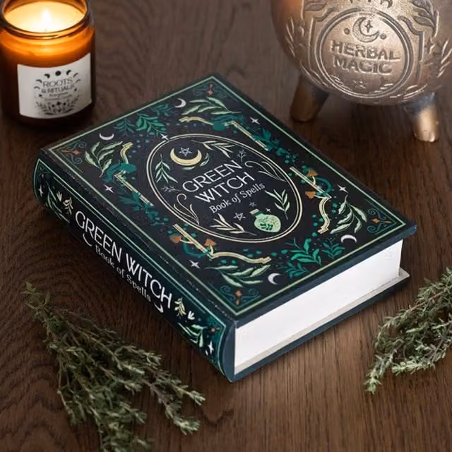 KDMK Witch Grimoire Book Storage Box and Hidden Trinket Holder in Green Wood