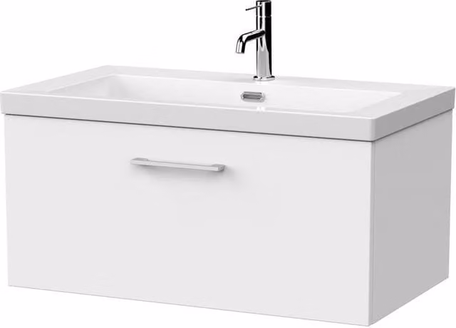 Balterley Pershall Modern Wall Mounted 1 Drawer Vanity Unit and Fireclay Basin in Matt White, Width: 80 cm