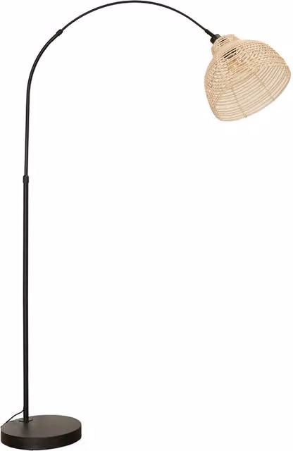 ValueLights Louis Arc Floor Lamp with Rattan Basket Shade in Black and Yellow, H: 180 cm