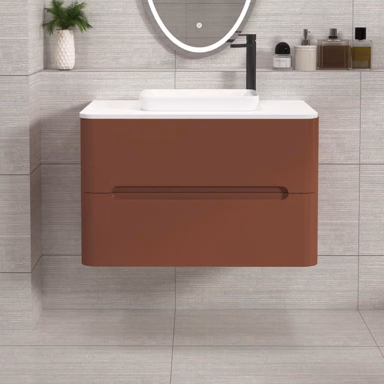 Royal Bathrooms Venice 800mm Terracotta Clay Wall Hung 2 Drawer Vanity Unit with Plain White Worktop and Qubix Basin
