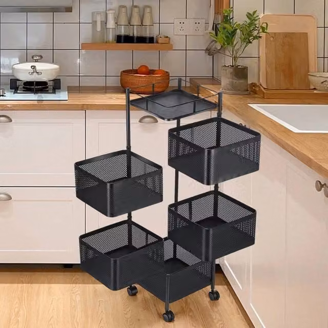 FORGEVIO 6-Tier Rotating Kitchen Storage Trolley Cart in Black