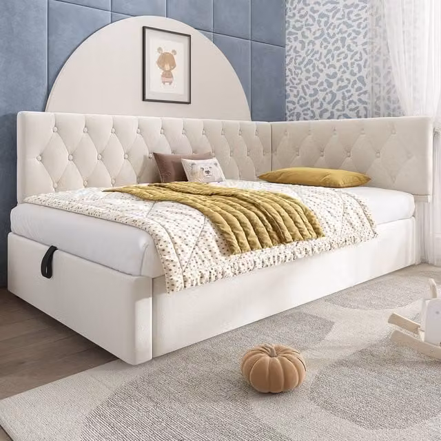 Rolipo Beige Velvet Daybed with Storage and Lift-up Base, W/D/H: 190 x 90 x 77 cm