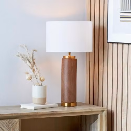 Pacific Lifestyle Brown Ceramic Table Lamp with Wood Effect and Fabric Shade W/D/H: 30 x 30 x 55 cm – 1