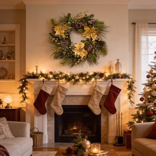 SHATCHI 60 cm Christmas Wreath with Gold Berries, Poinsettia, Eucalyptus Leaves and Pine Cones – 5