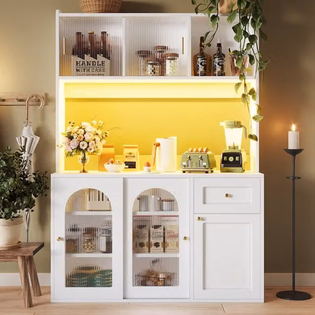 Rolipo Tall Kitchen Buffet Display Cabinet in Matt White with Glass Doors and Integrated LED Lighting – 1