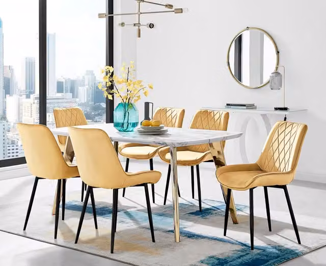 FurnitureboxUK Andria Gold Leg Marble Effect Dining Table and 6 Pesaro Black Leg Chairs in Mustard
